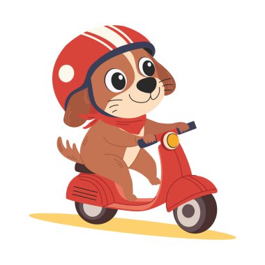 Kasklı şirin bir köpek scooter kullanıyor. Scooter 'daki mutlu karakter. Beyaz arkaplanda izole edilmiş vektör çocuk resimleri.