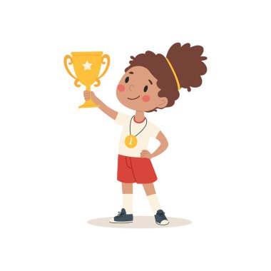 Elinde kupa tutan sevimli küçük bir kız. Çizgi film vektör illüstrasyonu.