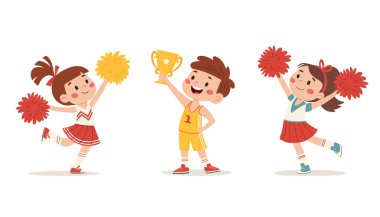 Çocuk sporcularla dolu. Ponponlu güzel kızlar, ponpon kızlar. Başarıları, spor başarıları ve destekleri için ödülleri olan kızlar ve oğlanlar