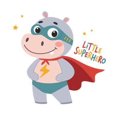 Küçük süper kahraman. Pelerinli süper kahraman kostümlü şirin bir hipopotam. Beyaz arkaplanda çocuk resimleri