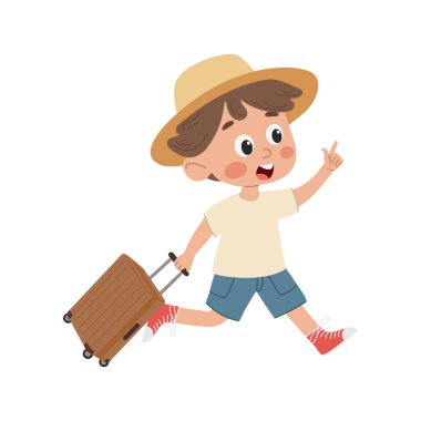 Hasır şapkalı ve şortlu şirin bir çocuk bavulla koşuyor. Beyaz arkaplanda çocuk resimleri