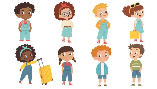 Kızlar ve oğlanlar, farklı milletlerden yaz kıyafetleri giymiş çocuklar. Çocuklar seyahat etmeye hazır. Beyaz arka planda izole edilmiş çocuk tarzında vektör illüstrasyonu