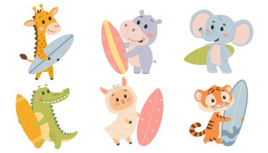 Sörf tahtası olan sevimli çizgi film hayvanları. Fil, su aygırı, zürafa, timsah, su aygırı, alpaka, kaplan. Beyaz arkaplanda izole edilmiş basit bir çocuk tarzında vektör illüstrasyonu