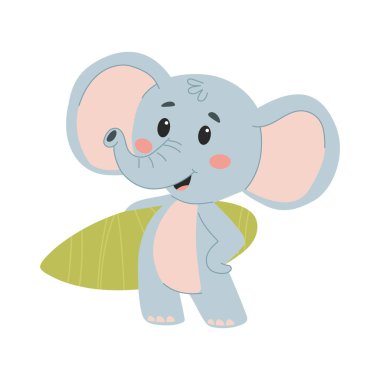 Sörf yapan şirin bir fil. Beyaz arkaplanda izole edilmiş basit çocuk tarzında düz vektör illüstrasyonu