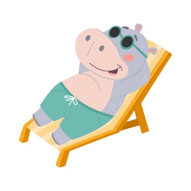 Güneş gözlüğü takan sevimli Hippo, güneş pansiyonunda güneşleniyor. Beyaz arkaplanda izole edilmiş basit çocuk tarzında düz vektör illüstrasyonu
