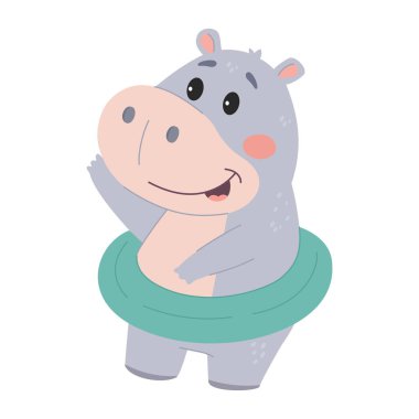 Belinde yüzme çemberi olan şirin bir su aygırı. Beyaz arkaplanda izole edilmiş basit çocuk tarzında düz vektör illüstrasyonu