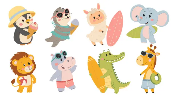 Şirin hayvanlar seti. Yaz hayvanları. Penguen, su aygırı, fok, aslan, zürafa, alpaka, fil, timsah. Plaj tatili Vektör illüstrasyonu beyaz arkaplanda izole edildi