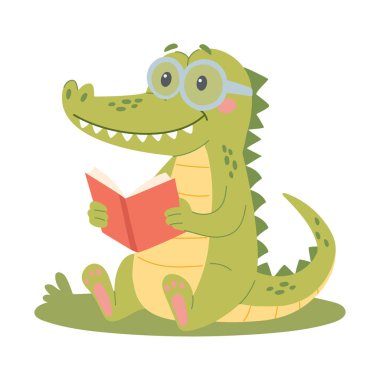 Kitap okuyan sevimli bir timsah. Komik akıllı vahşi hayvan karakteri çizgi film vektör çizimi ile oturuyor.