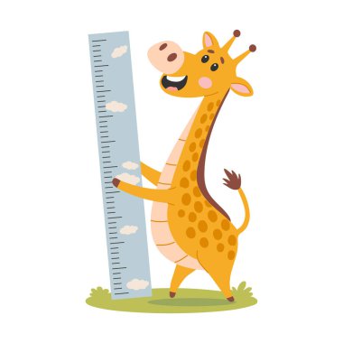 Cetvelin üzerinde duran sevimli zürafa. Çizgi film tarzında vektör illüstrasyonu.