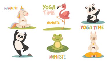 Lotus pozisyonunda şirin çizgi film hayvanlarının vektör koleksiyonu. Lotus 'taki hayvanlar meditasyon yapıyor, yoga harfleri yazıyor. Vektör illüstrasyonu beyaz arkaplanda izole edildi.
