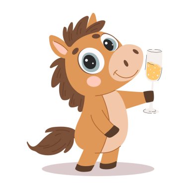 Bir bardak şampanyayla şirin bir çizgi film atı. Yılın sembolü oldu. Beyaz arkaplanda çocuksu bir şekilde vektör illüstrasyonu