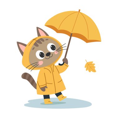 Şemsiyeli şirin bir kedi. Çizgi film tarzında vektör illüstrasyonu