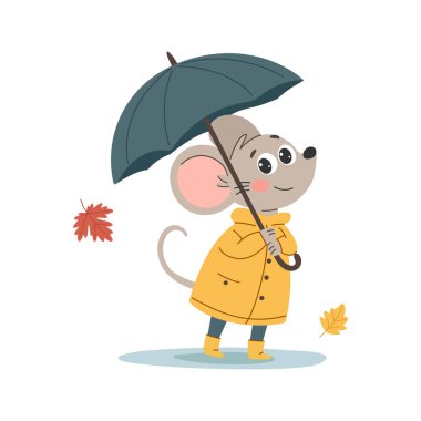 Şemsiyeli yağmurluk giymiş şirin bir çizgi roman faresi. Sonbaharda hayvanlar. Vektör illüstrasyonu.