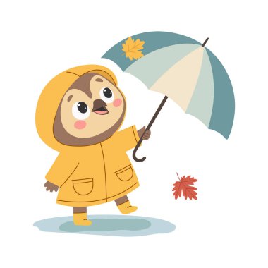 Şemsiyeli şirin baykuş. Sonbaharda hayvanlar. Vektör illüstrasyonu.