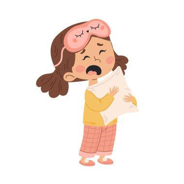 Uyku maskeli, pijamalı şirin bir kız. Bir kız korkuyor, kabuslar görüyor. Düz bir şekilde vektör illüstrasyonu. Beyaz bir arkaplanda izole edilmiş.