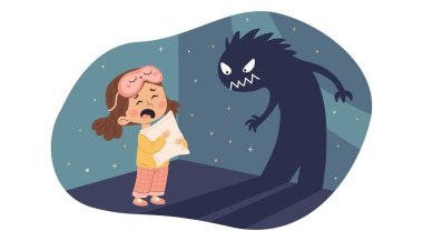 Bir kız karanlıktaki canavardan korkar. Pijamalı bir çocuk. Çocuklar karanlıktan korkarlar. Çocuk çizimi. 