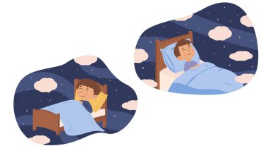 Geceleri yatakta uyuyan tatlı çocuk. Hayaller ve özlemler. Düz biçimli vektör illüstrasyonu.