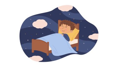 Geceleri yatakta uyuyan tatlı çocuk. Hayaller ve özlemler. Düz biçimli vektör illüstrasyonu.