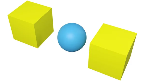 Top, iki kutunun arasındadır, 3D gösterim. Bir edatın edatı, bir şeyin ya da birinin bulunduğu bir yere atıfta bulunmak için kullanılır..