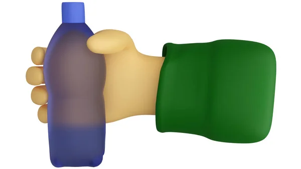 Mineral şişesi tutan sevimli bir 3D el. Soda doğrudan kaynağa şişelenir ve genellikle musluk suyundan daha yüksek miktarda mineral içerir..