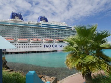 Side view of the British P&O cruise ship, Britannia moored in the port of Kralendijk, Bonaire, Leeward Antilles. The Britannia entered service in 2015 and spends winter in the Caribbean