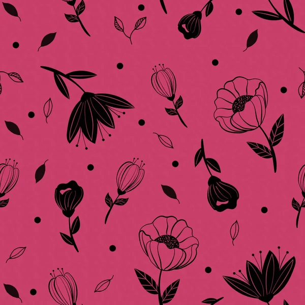 black flowers and leaves on pink ground with black dots seamless pattern background
