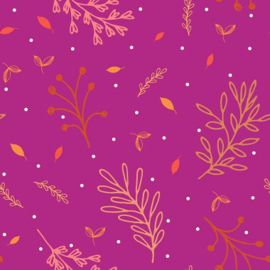 Pembe zeminde turuncu ve sarı yapraklı turuncu çiçek dalları ve pürüzsüz beyaz benekli desenler.