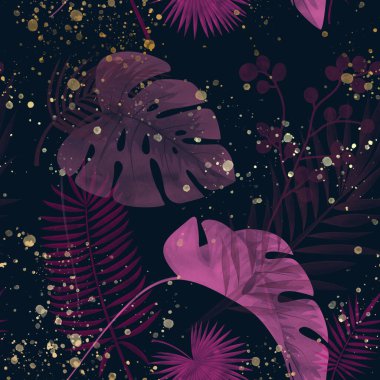 Pembe ve mor palmiye yaprakları ve lacivert zemin üzerinde altın suluboya lekeleri ve pürüzsüz desenleri olan canavarlar.