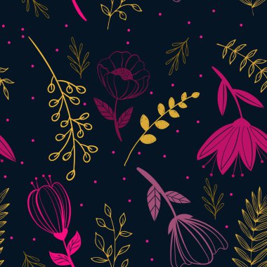 Pembe çiçekler ve sarı dallar üzerinde pembe benekli koyu mavi noktalar.