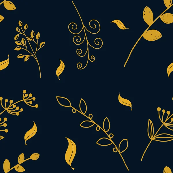 黄色の花の枝と葉が濃い青地のシームレスなパターンで — ストック写真