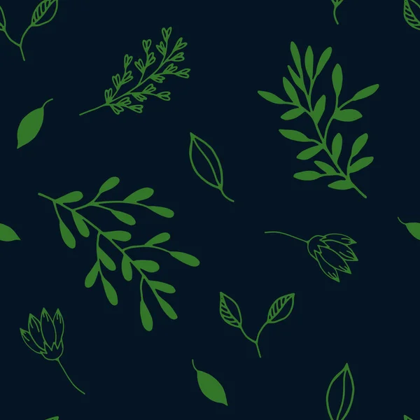 Zielone Gałęzie Kwiatowe Liście Kwiaty Granatowym Podłożu Bezszwowy Wzór — Zdjęcie stockowe