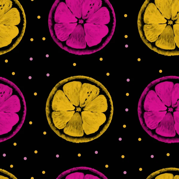 Roze Gele Citroenschijfjes Met Stippen Zwarte Gemalen Naadjes Patroon — Stockfoto