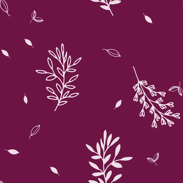 white branches with white leaves on dark pink ground seamless pattern