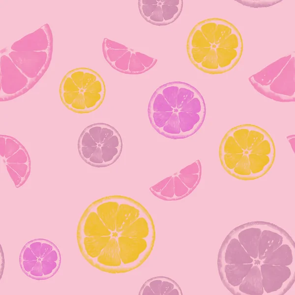 Розовый Желтый Ломтики Лимона Светло Розовый Grpund Бесшовный Узор Летом — стоковое фото