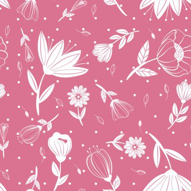 Pembe zeminde beyaz çiçekler, pürüzsüz desen.