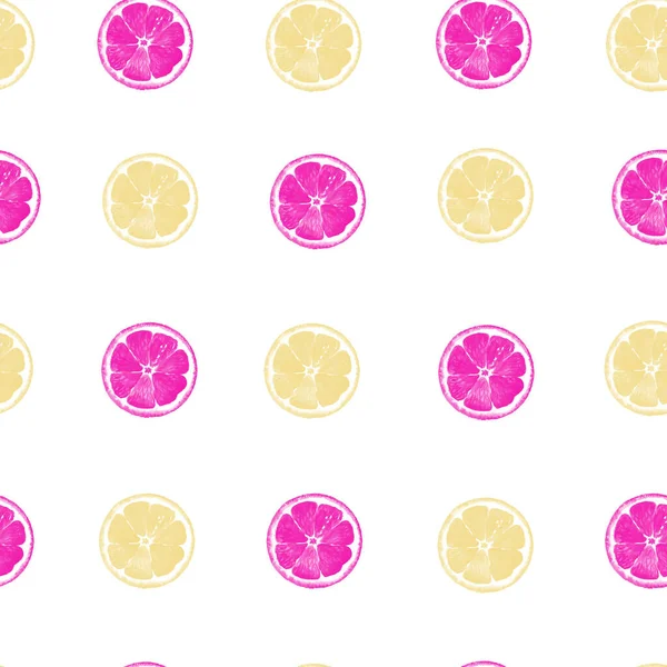Roze Gele Citroenen Plakjes Witte Grond Naadloos Patroon Zomer — Stockfoto