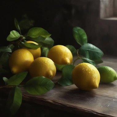 Koyu ahşap zeminde sarı limon ve yeşil yapraklar, koyu mod, yiyecek arka planı