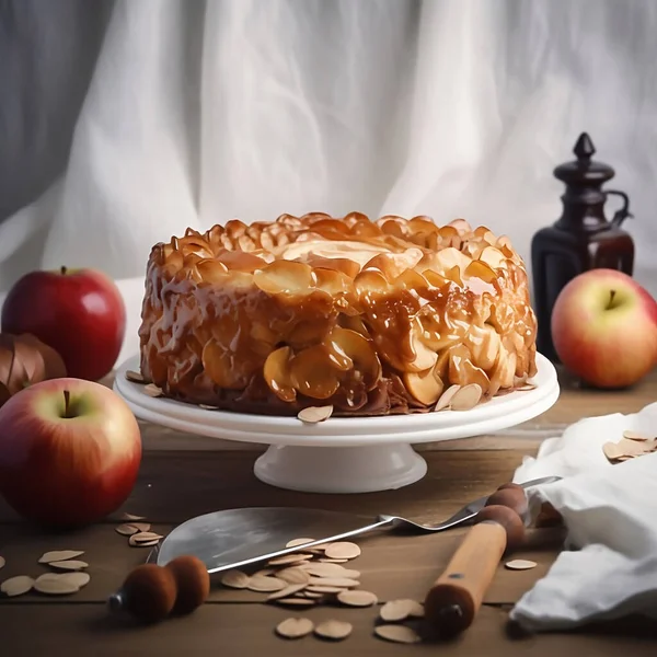 delicious apple cake with apple slices on wooden ground in a cozy athmosphere, food background