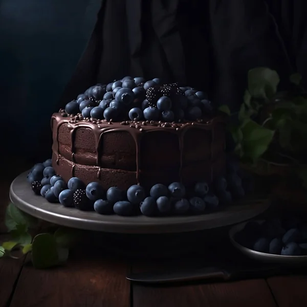 amazing dark chocolate cake with blue berries on top arranged on dark brown wooden table, dark mode, background