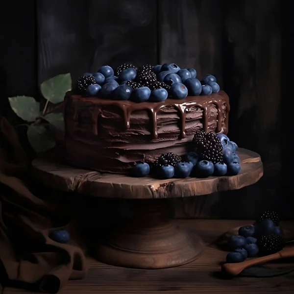 amazing dark chocolate cake with blue berries on top arranged on dark brown wooden table, dark mode, background