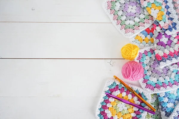 Colorful Woolen Balls Multicolored Granny Squares Crochet Hooks White Wooden — Stock Photo, Image