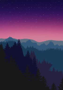 Dağlarla, ağaçlarla ve gece gökyüzüyle minimalist manzara, açık çizgiler, dijital tablolar, arka plan