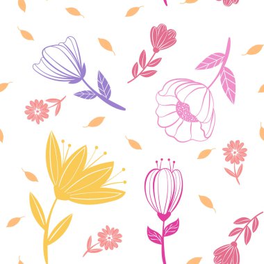 Renkli çiçekler ve yapraklar beyaz zeminde, pürüzsüz desen, arka plan