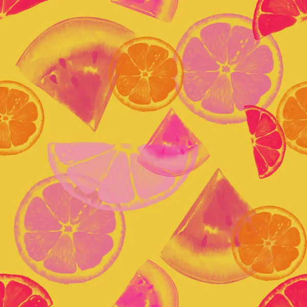 Pink Lemon Watermelon Slices Yellow Ground Seamless Pattern Summer Background — Stock Photo, Image