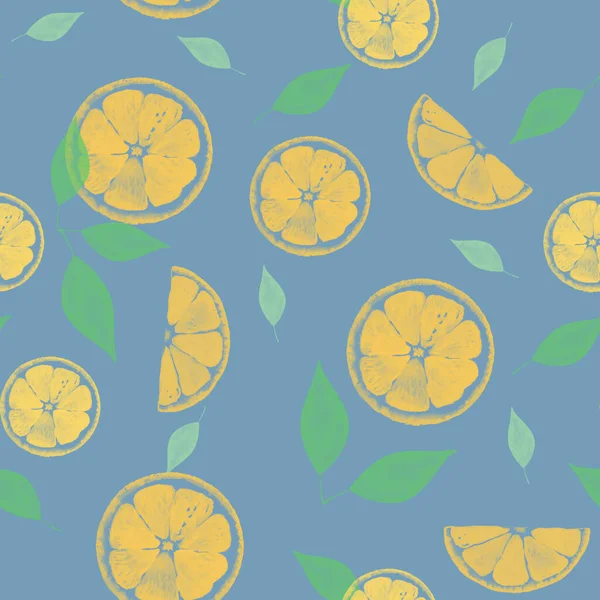 Fatias Limão Amarelo Com Folhas Verdes Chão Azul Padrão Sem — Fotografia de Stock