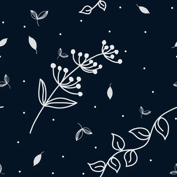 white plant branches with white polka dots and leaves on dark blue ground, seamless pattern