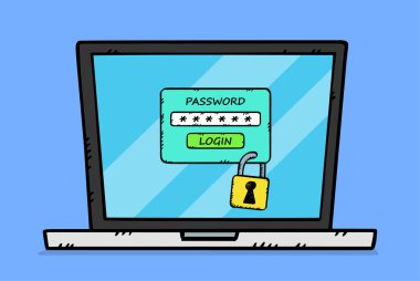 Kilitli erişimi olan bir dizüstü bilgisayarın el çizimi. Erişim açmak için gerekli parola tarafından korunur..