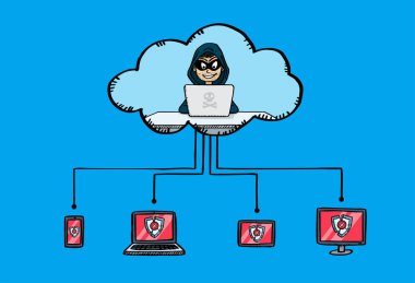 Buluttan girip ona ekipman bulaştıran bir hacker 'ın vektör çizimi. Hacker sistemlerin güvenliğini aştı. El çizimi illüstrasyon.