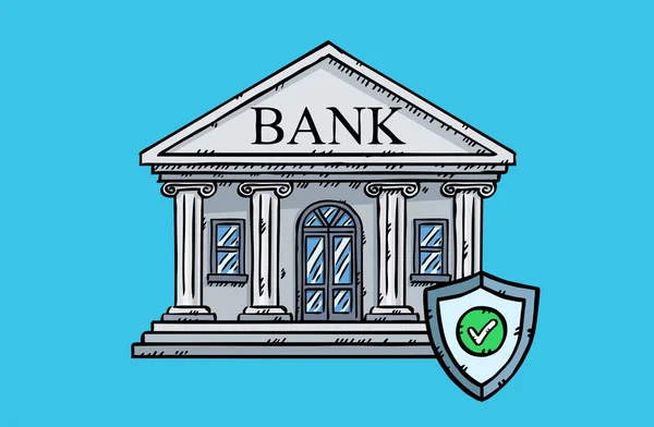A graphic showing a laptop along with an online bank on the laptop screen, protected by an antivirus. The bank is protected by a shield with a green checkmark. Hand-drawn vector color illustration.