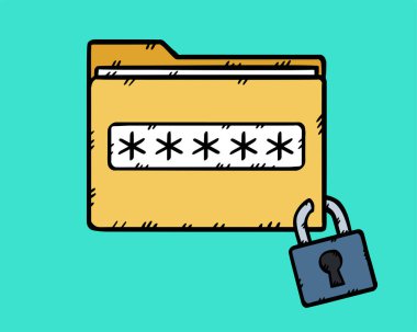 Verileri korumak için parola korumalı klasör dosyası. El çizimi vektör grafikleri